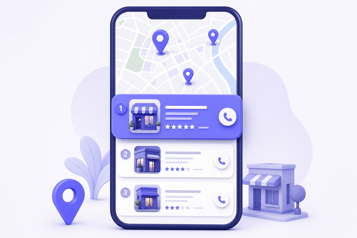 Le pack local sur mobile : une carte et les trois fiches d'établissement les mieux classées