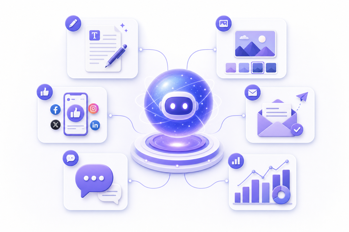 Les usages de l'IA en marketing pour une petite entreprise : rédaction, visuels, réseaux sociaux, emailing, chatbot et analyse de données