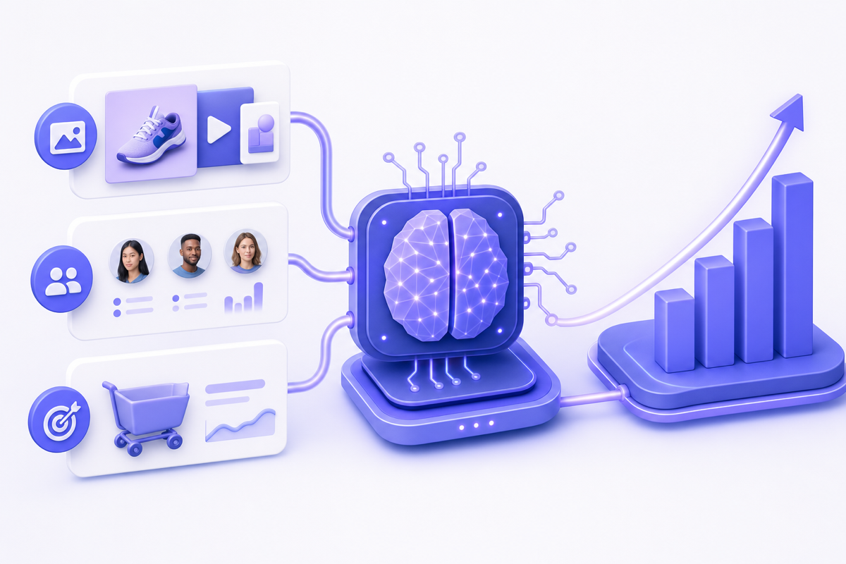 Le moteur de Performance Max : assets créatifs, signaux d'audience et objectif de conversion nourrissent l'algorithme qui optimise la performance