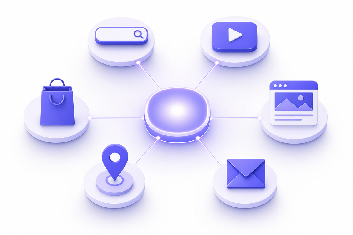 Une seule campagne Performance Max diffuse sur tous les canaux Google : Search, YouTube, Display, Gmail, Maps et Shopping